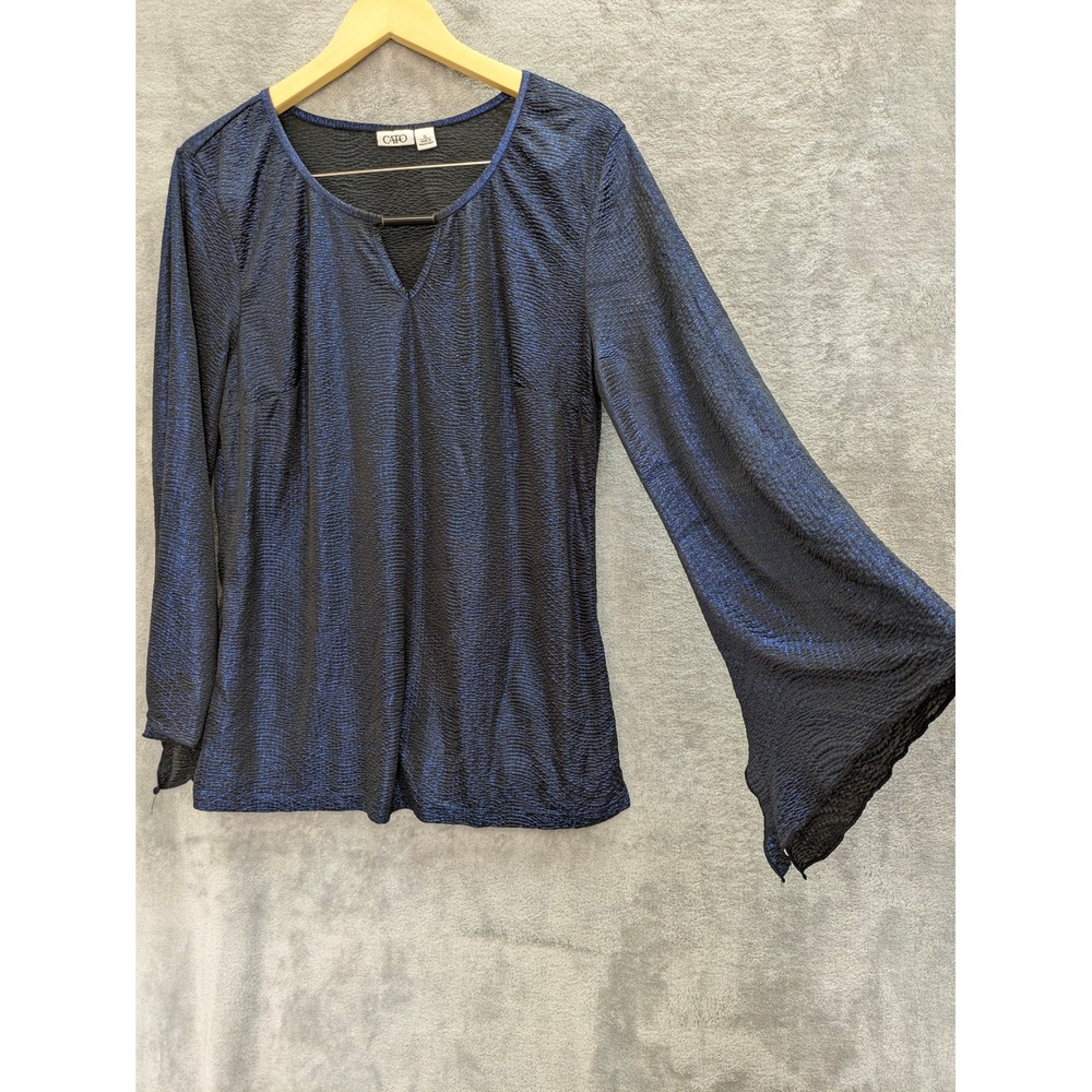 Retro Glam Bell Sleeve Top Womens XL Blue Metallic Textured V-Neck Cato 4992